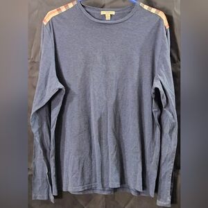 Burberry Brit  Shirt Mens XL Blue Solid Long Sleeve Plaid Patch Shoulder pit to